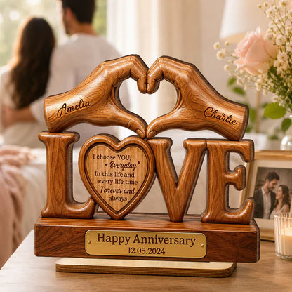 Personalized 2-Layer Wooden Plaque for Couple, Heart Hands Anniversary Unique Creative Gift