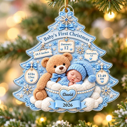 Baby's First Christmas Acrylic Ornament, Sleeping Baby and Teddy Bear Keepsake, Personalized Creative Gift for Family