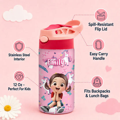 Personalized Kids Water Bottle with Pink Unicorn Pattern, Unique Creative Gift for Daughter