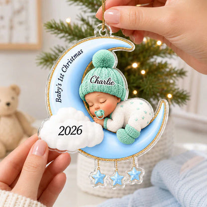 Acrylic Ornament With Sleeping Baby On Moon, Creative Christmas Gift For Baby & Family