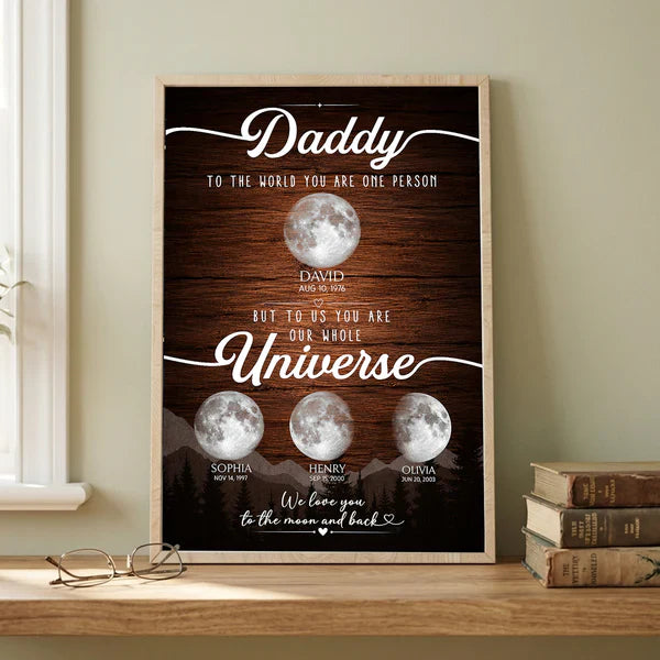 Daddy You Are Our Universe Poster, Custom Moon Wall Art, Heartwarming Creative Gift for Dad