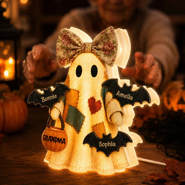 Personalized Grandma Ghost Acrylic Light Box, Patchwork Design with Bats, Unique Halloween Gift for Grandma