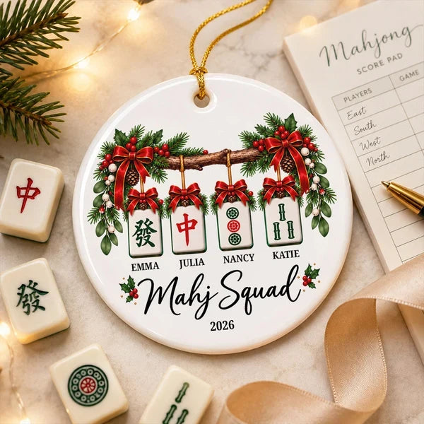 Christmas Mahjong Squad Ceramic Ornament with Hanging Tiles, Personalized Friendship Keepsake and Creative Gift