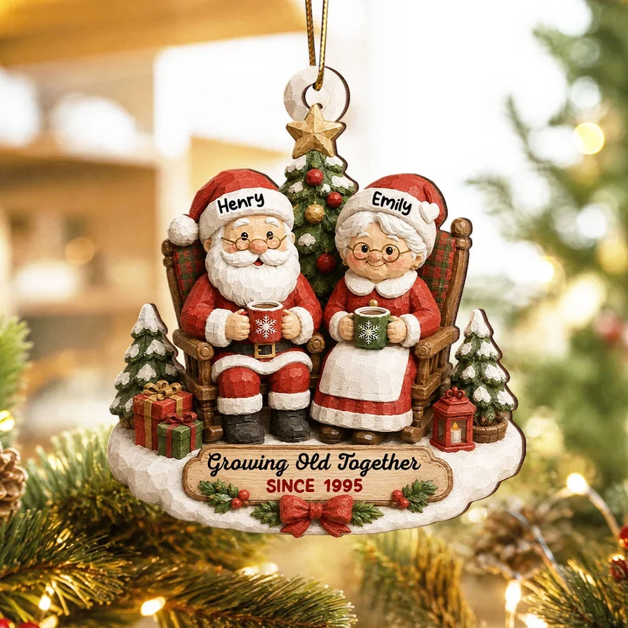 Personalized Wooden Ornament, Rustic Santa Couple Holding Mugs by a Christmas Tree, Unique Gift for Couples