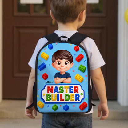 Personalized Kids School Backpack With Smiling Cartoon Child & Colorful Block Art, Creative Gift for Boys & Girls