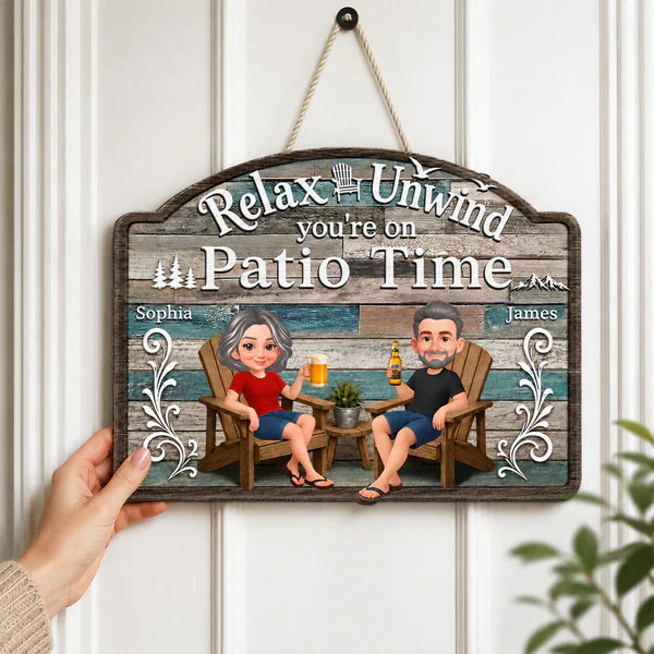 Personalized Wooden Sign, Relax & Unwind Patio Time Couple Cartoon, Unique Gift for Patio Lovers