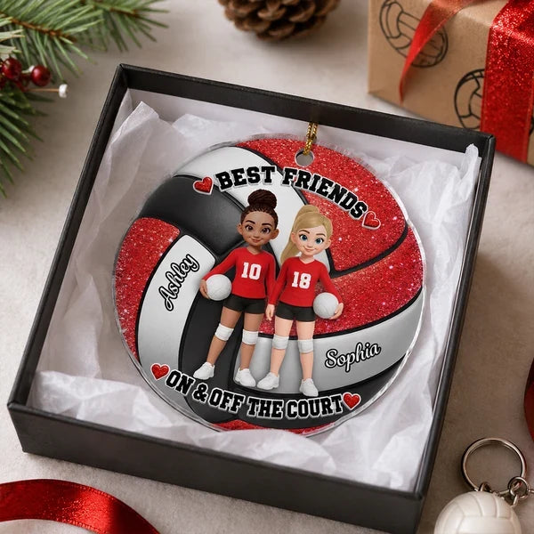 Personalized Acrylic Ornament, Red Cartoon Volleyball Best Friends, Unique Christmas Gift for Teammates