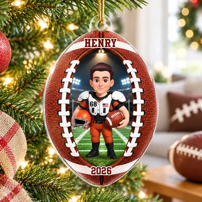 Personalized Acrylic Ornament, Custom Football Player on Stadium Field, Unique Christmas Gift for Son
