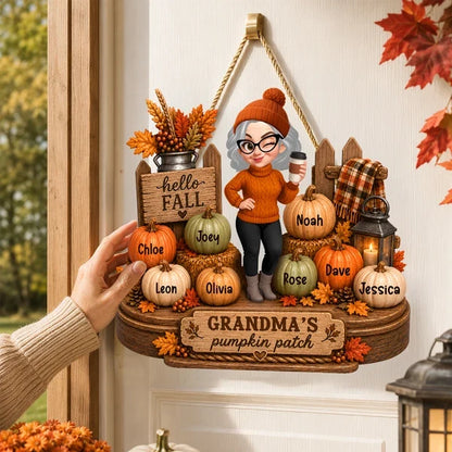 Personalized Wooden Sign, Grandma Holding Coffee on an Autumn Porch, Unique Fall Gift for Grandma