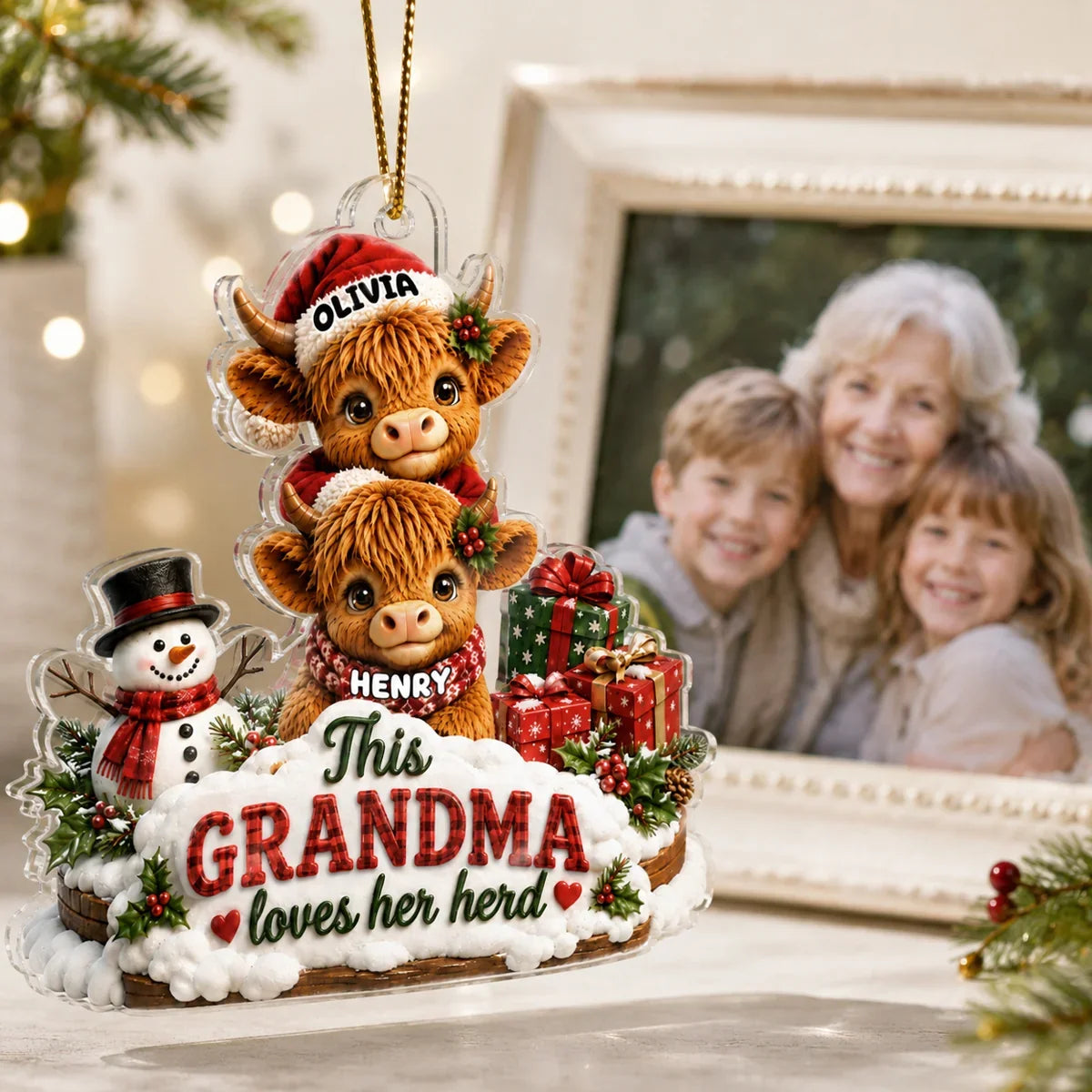Personalized Acrylic Ornament, Grandma Loves Her Herd with Cuddling Cows in Festive Snow, Creative Gift for Grandma