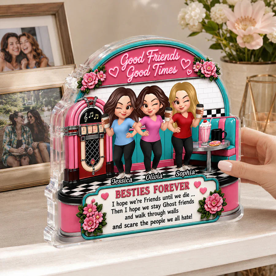Personalized Shaped Acrylic Block Plaque, Winking Friends in Retro Diner, Unique Gift for Close Friend