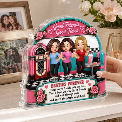 Personalized Shaped Acrylic Block Plaque, Winking Friends in Retro Diner, Unique Gift for Close Friend