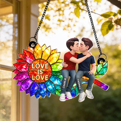 Personalized Acrylic Suncatcher Ornament, Love is Love Rainbow Sunflower with Kissing Couple, Unique LGBTQ Gift
