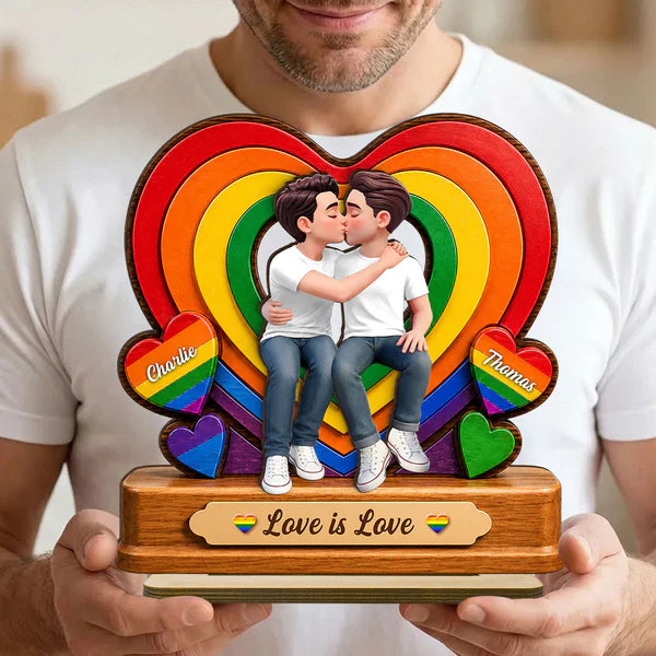 Personalized 2-Layer Wooden Plaque with Kissing LGBTQ Couple, Rainbow Heart, Unique Gift for Partner