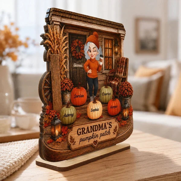 Personalized Wooden Plaque, Grandma Holding Coffee on a Cozy Autumn Porch, Unique Family Gift