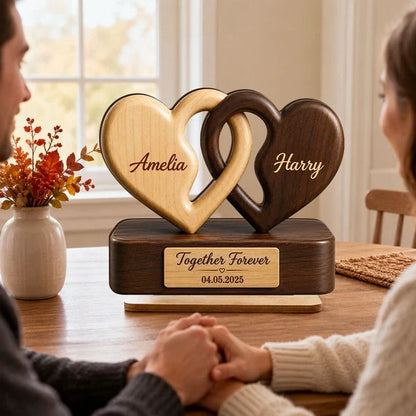 Personalized 2-Layer Wooden Plaque, Interlocking Hearts in Warm Tones, Unique Gift for Couple