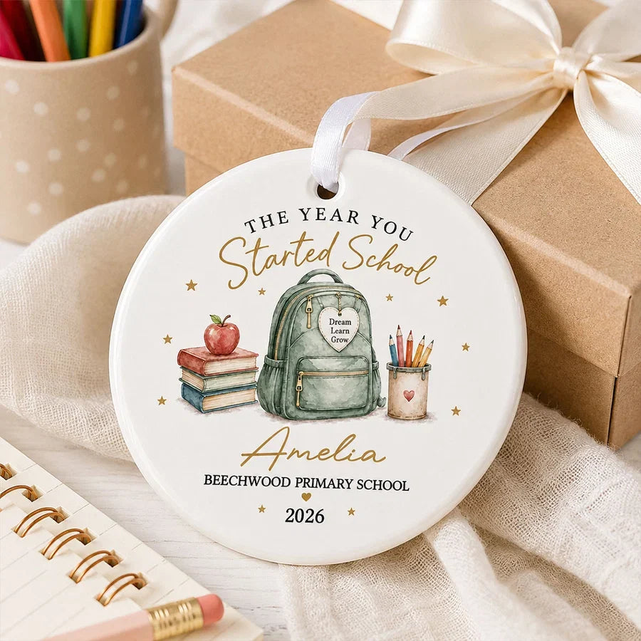 Personalized Ceramic Ornament, Watercolor First Day of School Keepsake, Unique Gift for Students