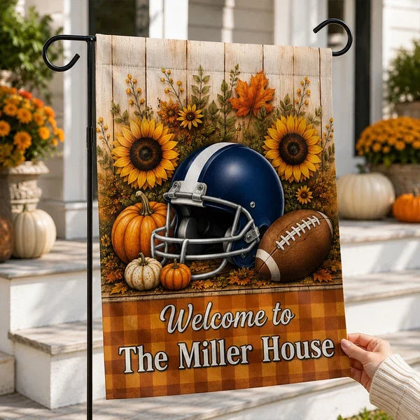 Personalized Garden Flag with Football Helmet, Pumpkins and Sunflowers, Unique Fall Gift for Family