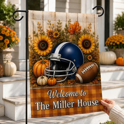 Personalized Garden Flag with Football Helmet, Pumpkins and Sunflowers, Unique Fall Gift for Family