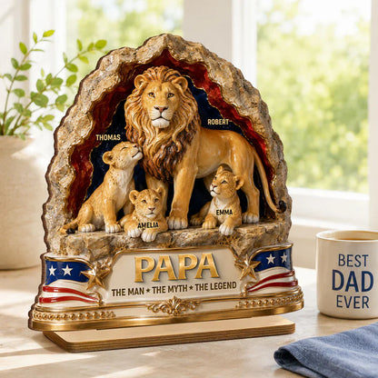 Personalized 2-Layer Wooden Plaque With Lion Dad & Cubs, Unique Father's Day Gift for Dad