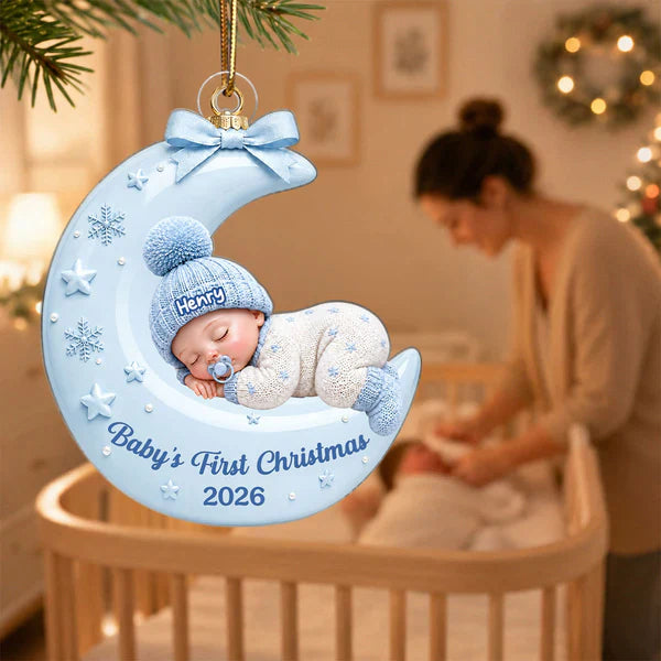 Personalized Acrylic Ornament With Sleeping Baby On Moon, Unique Creative Gift For New Parents