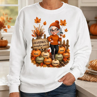 Personalized Classic Tee, Coffee-Holding Grandma in a Warm Orange Pumpkin Patch, Unique Fall Gift for Grandma