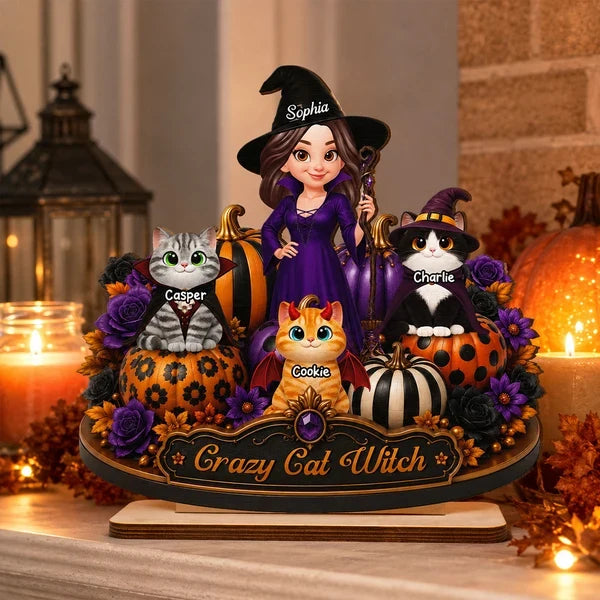 Personalized 2-Layer Wooden Plaque, Witch Posing with Cats and Pumpkins, Unique Halloween Gift for Cat Lovers