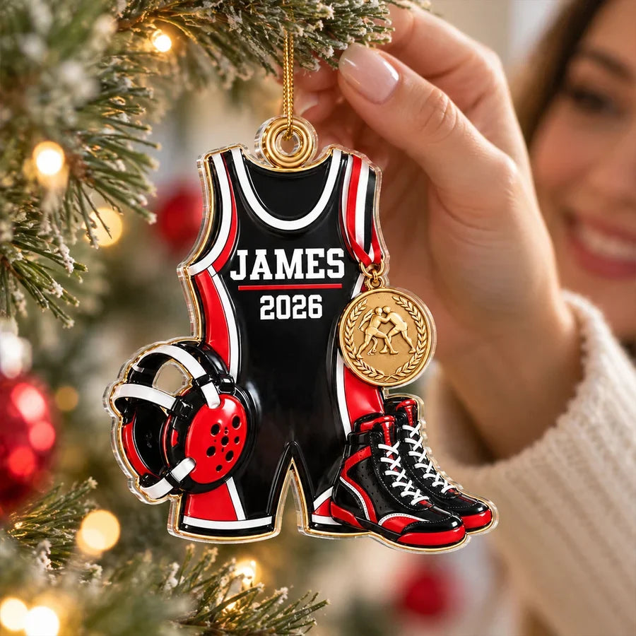 Personalized Wrestling Acrylic Ornament with Gear and Medal, Creative Christmas Gift for Son