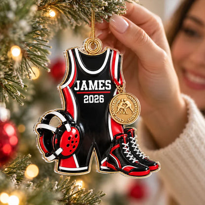 Personalized Wrestling Acrylic Ornament with Gear and Medal, Creative Christmas Gift for Son