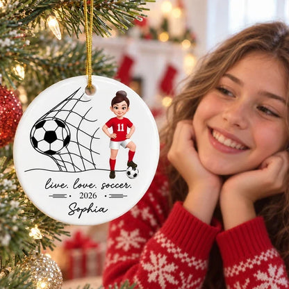 Ceramic Ornament, Cartoon Soccer Girl Posing by Goal, Personalized Keepsake, Creative Christmas Gift for Soccer Player