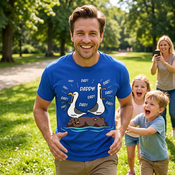 Classic Tee for Dad With Cartoon Seagulls and Daddy Text, Creative Father's Day Gift