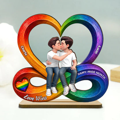 2-Layer Wooden Plaque for LGBTQ Couple, Love Is Love Kissing Illustration, Creative Gift