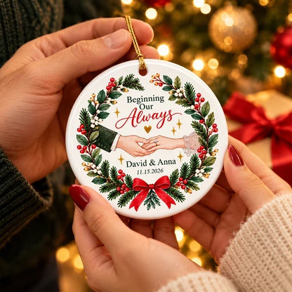 Personalized Ceramic Ornament with Couple Holding Hands and Christmas Wreath, Unique Gift for Couples
