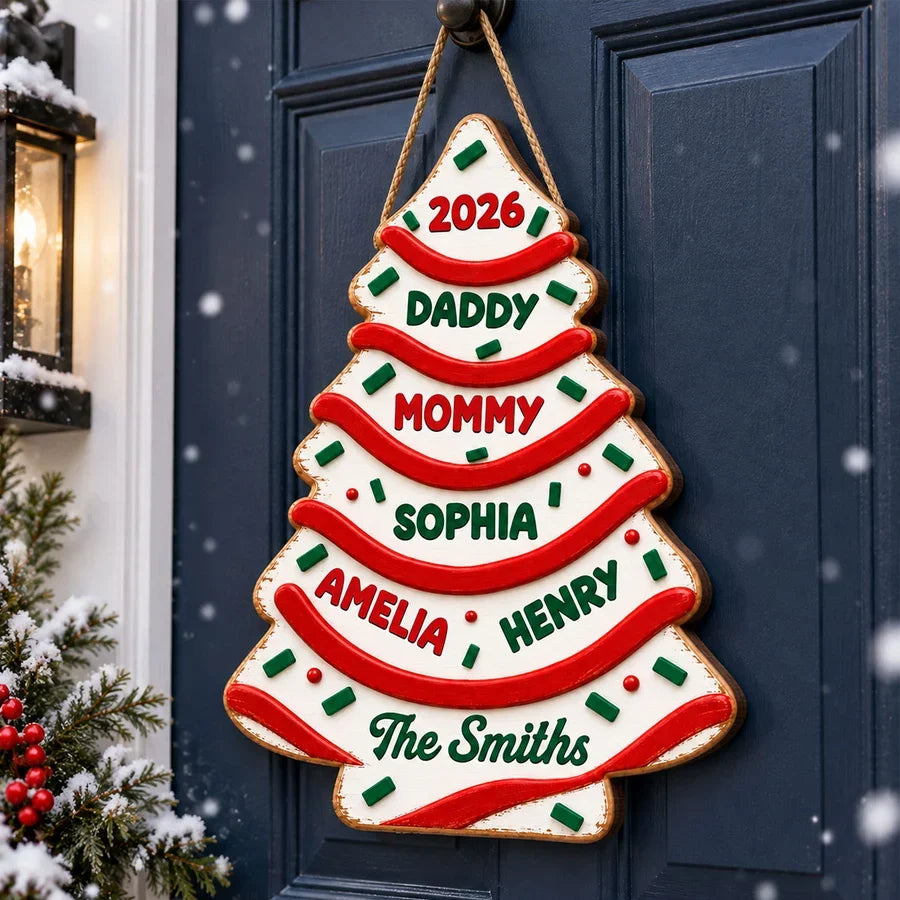 Personalized Family Christmas Tree Cake Wooden Sign, Custom Front Door Decor, Creative Gift for Families