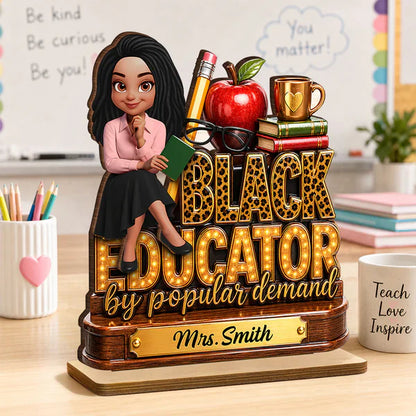 2-Layer Wooden Plaque, Black Educator Sitting Teacher Classroom Art, Unique Gift for Teacher
