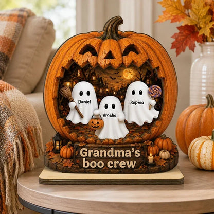 Personalized 2-Layer Wooden Plaque, Halloween Pumpkin Ghost Decor, Unique Gift for Grandma