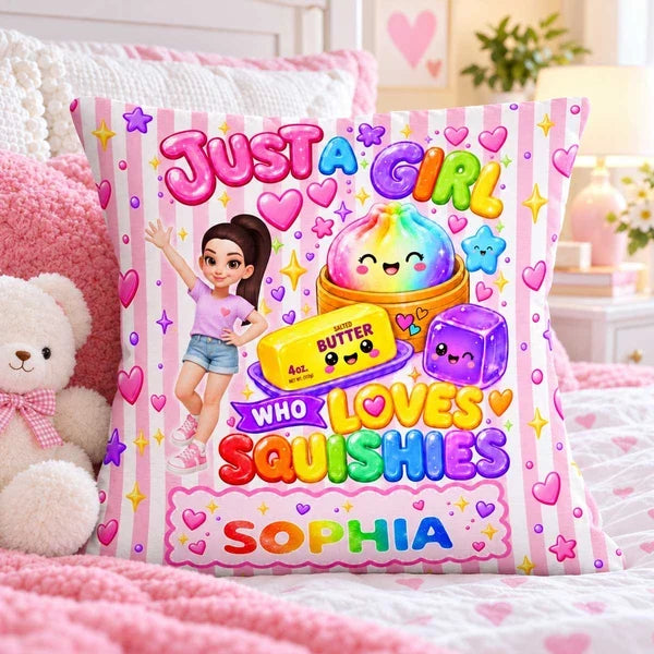 Personalized Square Pillow, Cute Squishy Art With Waving Girl, Pink Rainbow Decor, Unique Gift for Daughter
