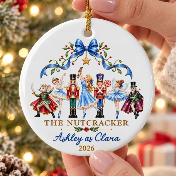 Personalized Ceramic Ornament with Dancing Ballerinas and Nutcracker Cast, Unique Gift for Ballet Dancers