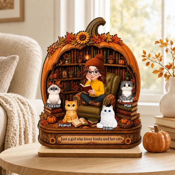 Personalized 2-Layer Wooden Plaque, Reading Girl with Cats in an Autumn Library, Unique Gift for Book Lovers