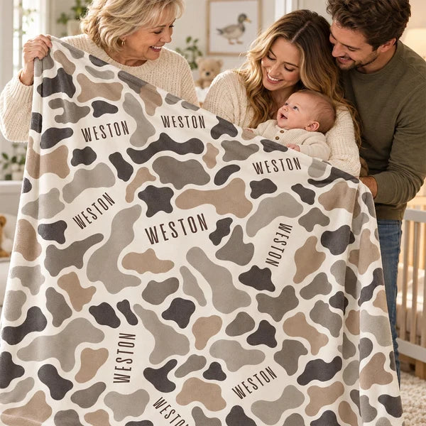 Personalized Neutral Camo Fleece Blanket for Cozy Baby Cuddles, Unique Nursery Gift