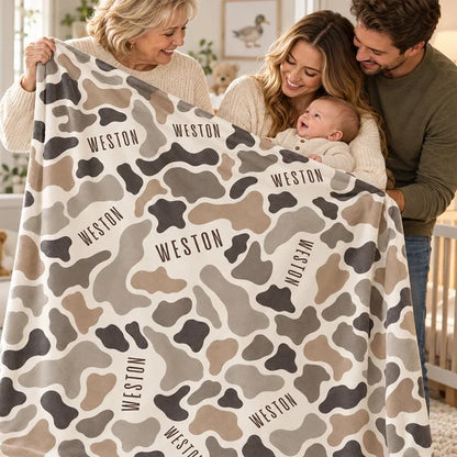 Personalized Neutral Camo Fleece Blanket for Cozy Baby Cuddles, Unique Nursery Gift