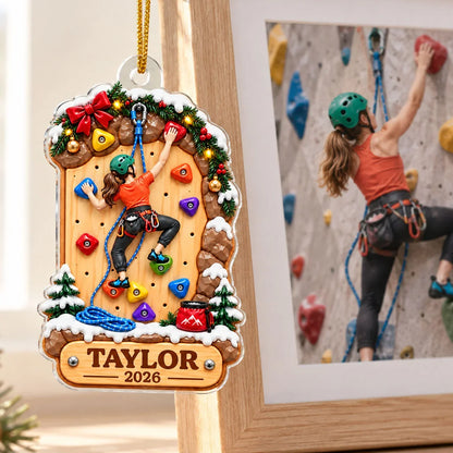 Personalized Acrylic Ornament, Rock Climber Scaling a Snowy Wall, Unique Christmas Gift for Kids