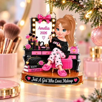 Personalized Acrylic Ornament, Girl Applying Makeup at a Pink Vanity, Unique Christmas Gift for a Daughter