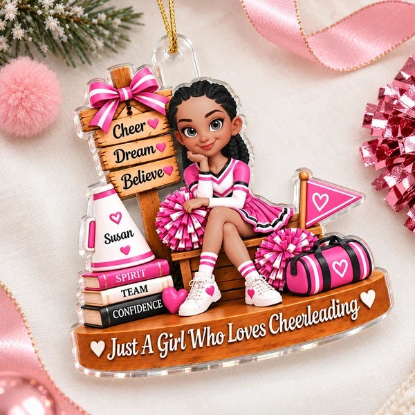 Personalized Acrylic Ornament, Seated Cheerleader with Pom-Poms, Unique Christmas Gift for Daughter