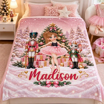 Personalized Fleece Blanket, Dancing Ballerina in Pink Nutcracker Christmas Scene, Unique Gift for Daughter