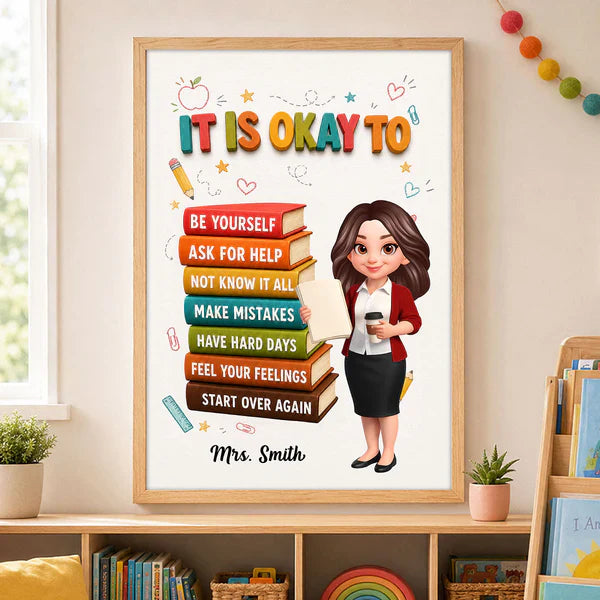 Personalized Canvas with Colorful Teacher Illustration, Classroom Calm Corner Unique Gift