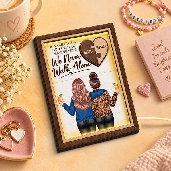 Personalized Wooden LED Plaque, Best Friends Embracing in Warm Light, Unique Friendship Gift