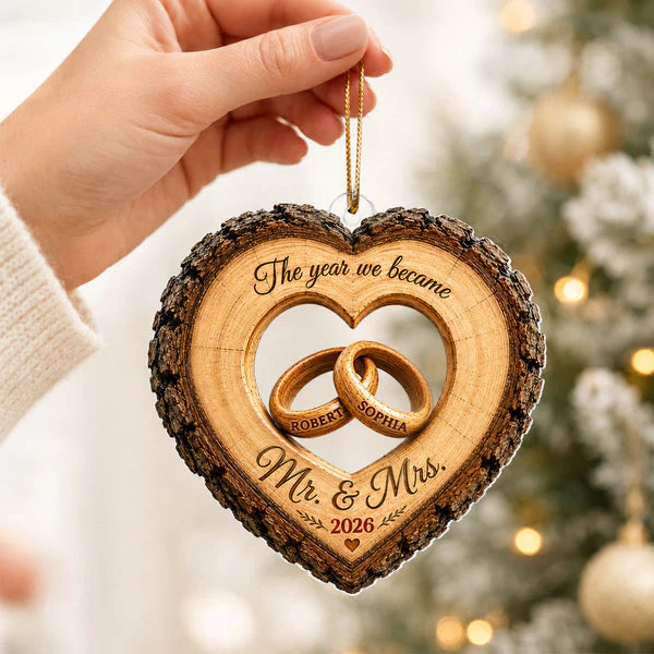 Personalized Acrylic Ornament, Heart Ring Wedding Keepsake, Unique Gift for Couple, Mr. & Mrs Holiday Decor
