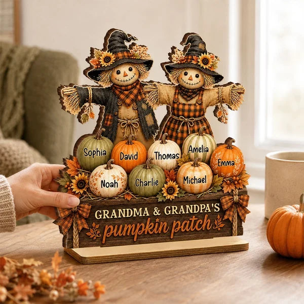 Personalized 2-Layer Wooden Plaque, Grandparent Scarecrows Together in a Pumpkin Patch, Unique Family Gift