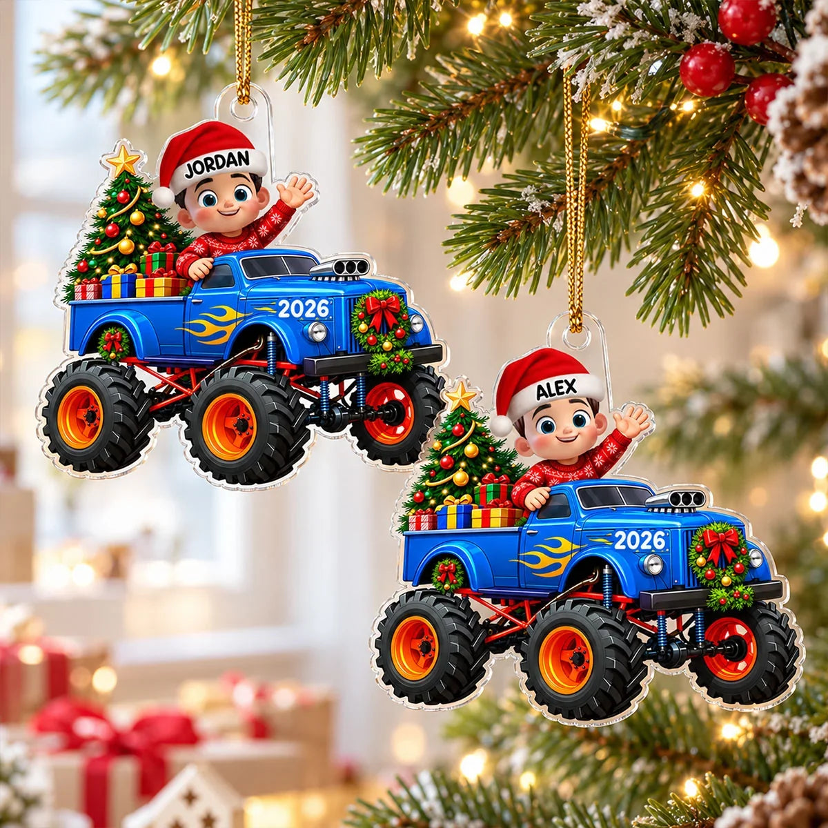 Personalized Acrylic Ornament, Waving Kid in Blue Monster Truck, Colorful Christmas Tree Decor, Unique Gift for Kids